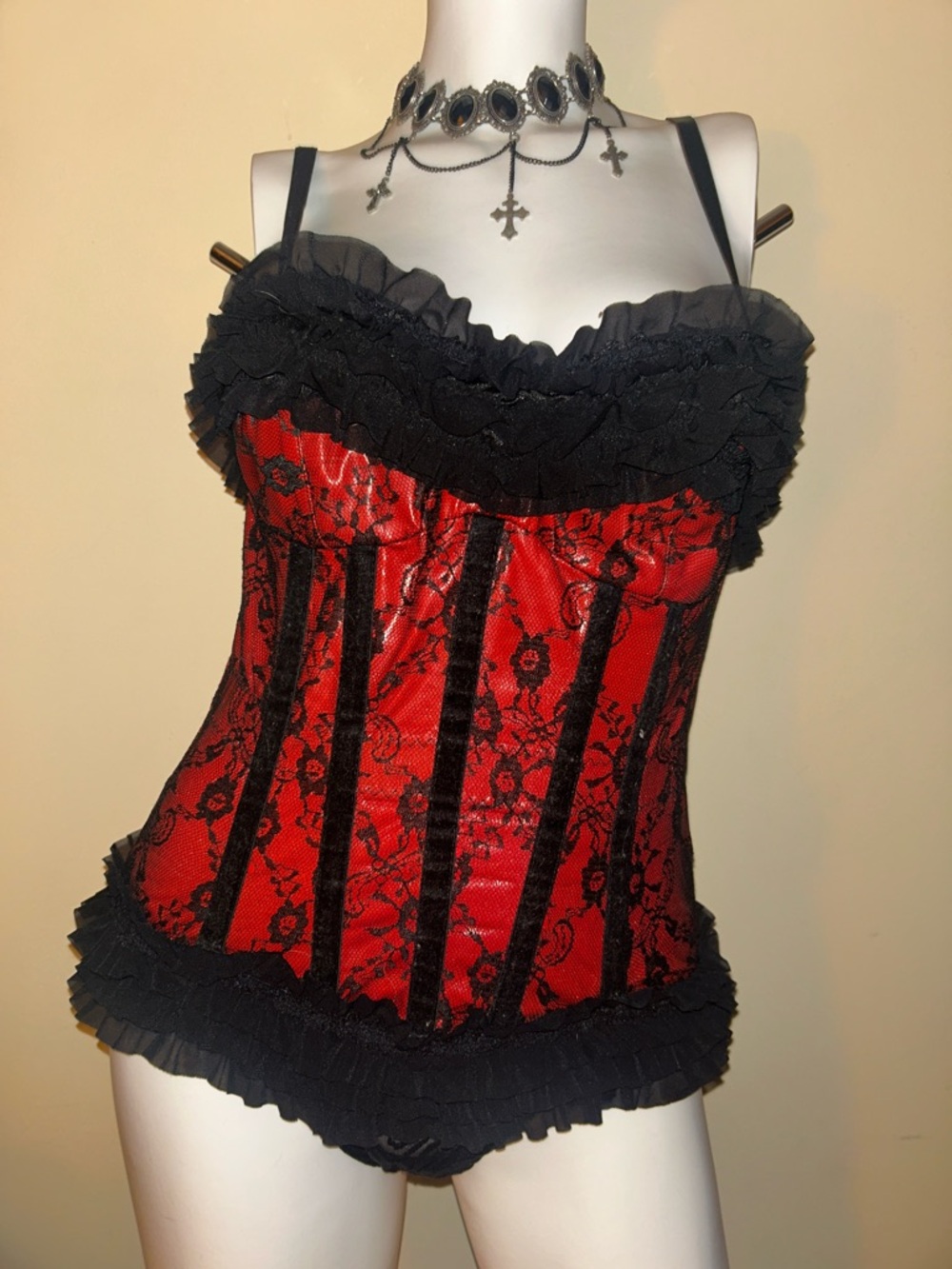 Red Lace Ruffled Bustier Top - Women